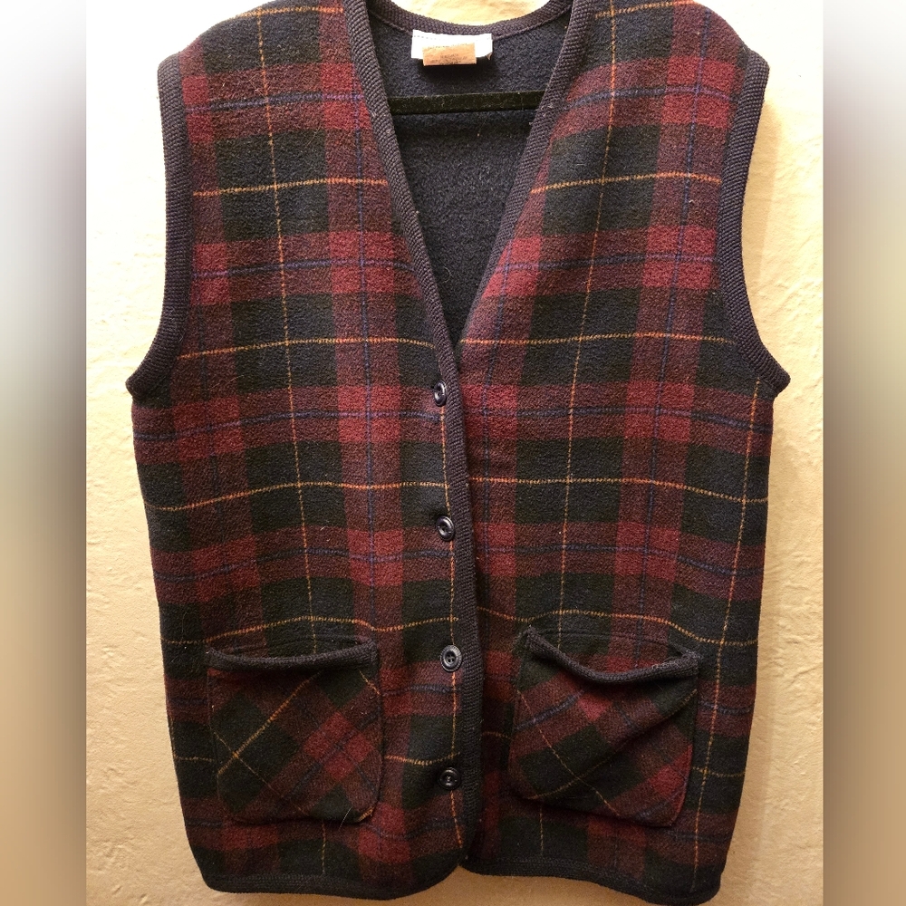 Tribal Plaid Fleece Vest Wool Blend Vintage Style Red Black Outdoor Vest M - Picture 2 of 8